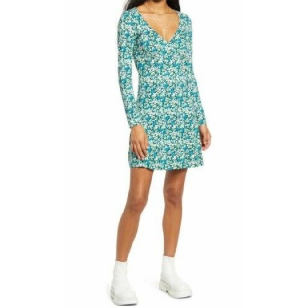 BP. Green Floral Printed Long Sleeve Mini Dress
